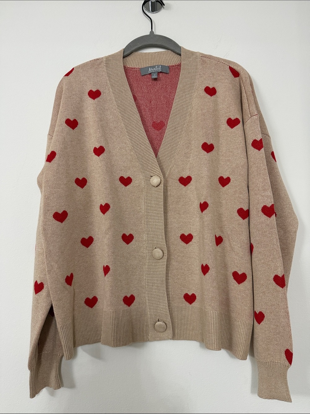 Marled Beige Cardigan with Red Heart Motif